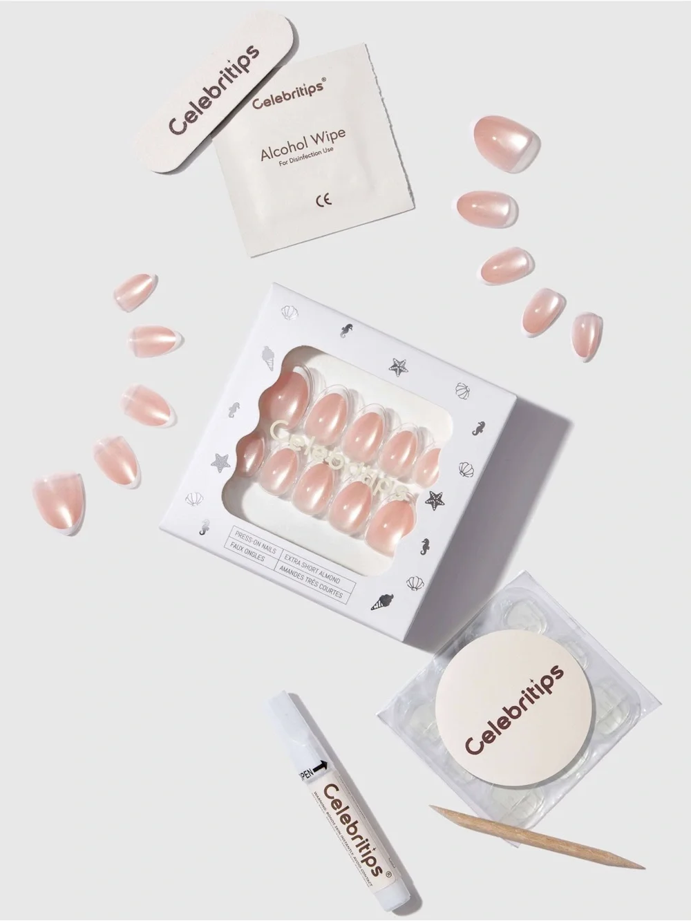 NIB Celebritips In Crystal Halo Almond French Tip Press On Nails 32pc